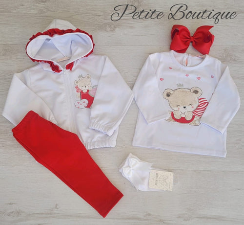 White/red 3pc lounge set top, leggings & zip up hoodie