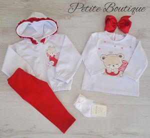 White/red 3pc lounge set top, leggings & zip up hoodie