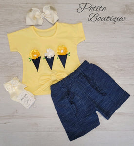 Lemon flower cone T-shirt & navy short set