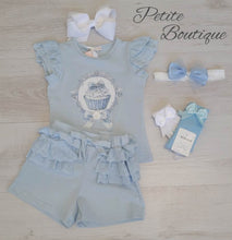 Load image into Gallery viewer, Light blue cupcake top, short &amp; headband set
