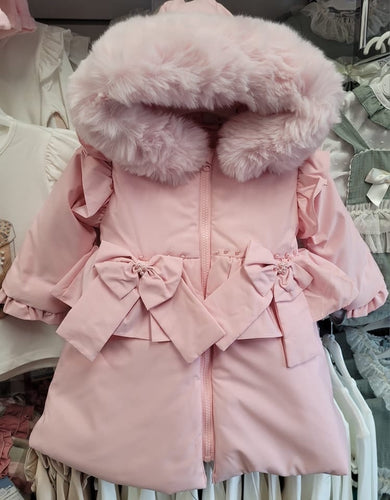 Pink double faux fur trim hooded coat