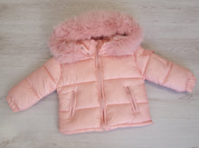 Load image into Gallery viewer, Dusky pink puffer coat with faux fur trim