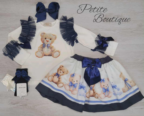 Navy diamanté teddy top & skirt set