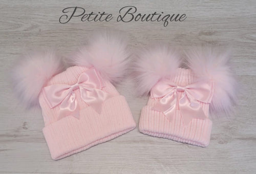Pink double pompom/bow hat
