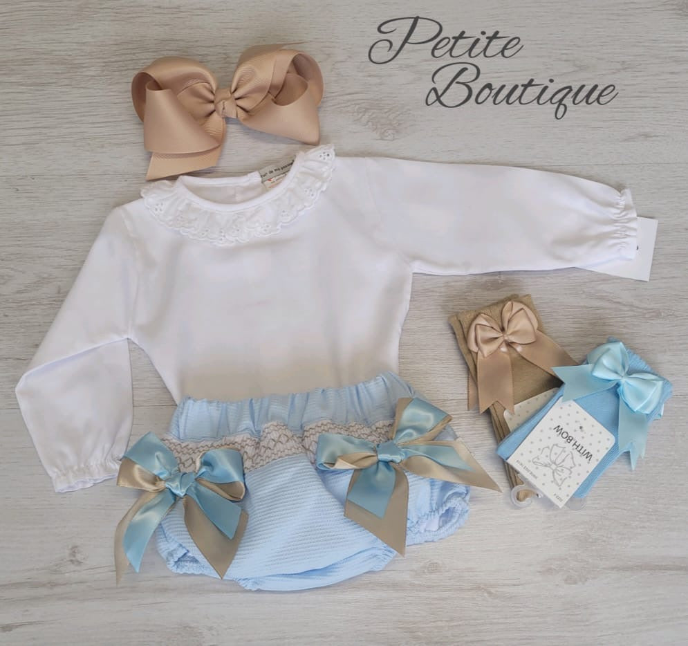 Spanish shirt & baby blue/camel bow jam pant set