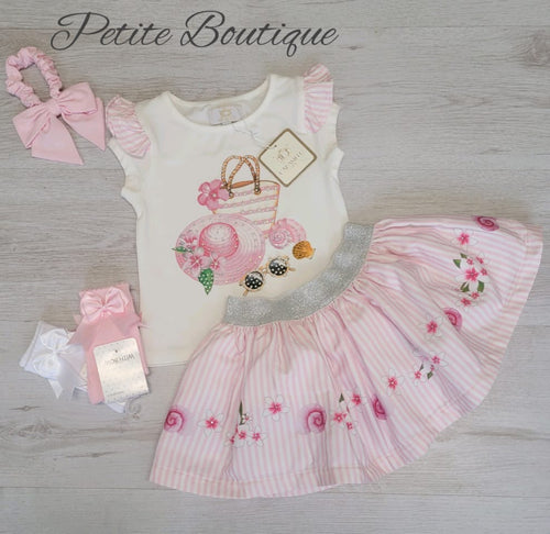 Caramelo pink summer top & skirt set with matching bow hair bobble