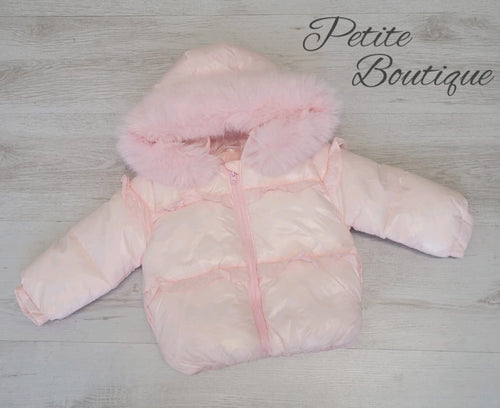 Girls pink padded coat with faux fur trim hood