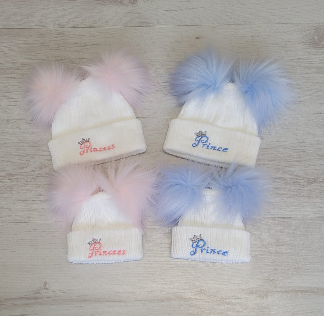 Prince/princess double faux fur pompom hat