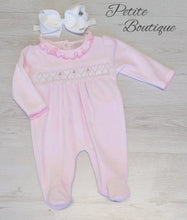 Load image into Gallery viewer, Smocked pink velour babygrow