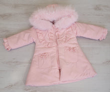 Load image into Gallery viewer, Pink puffer coat with faux fur trim hood