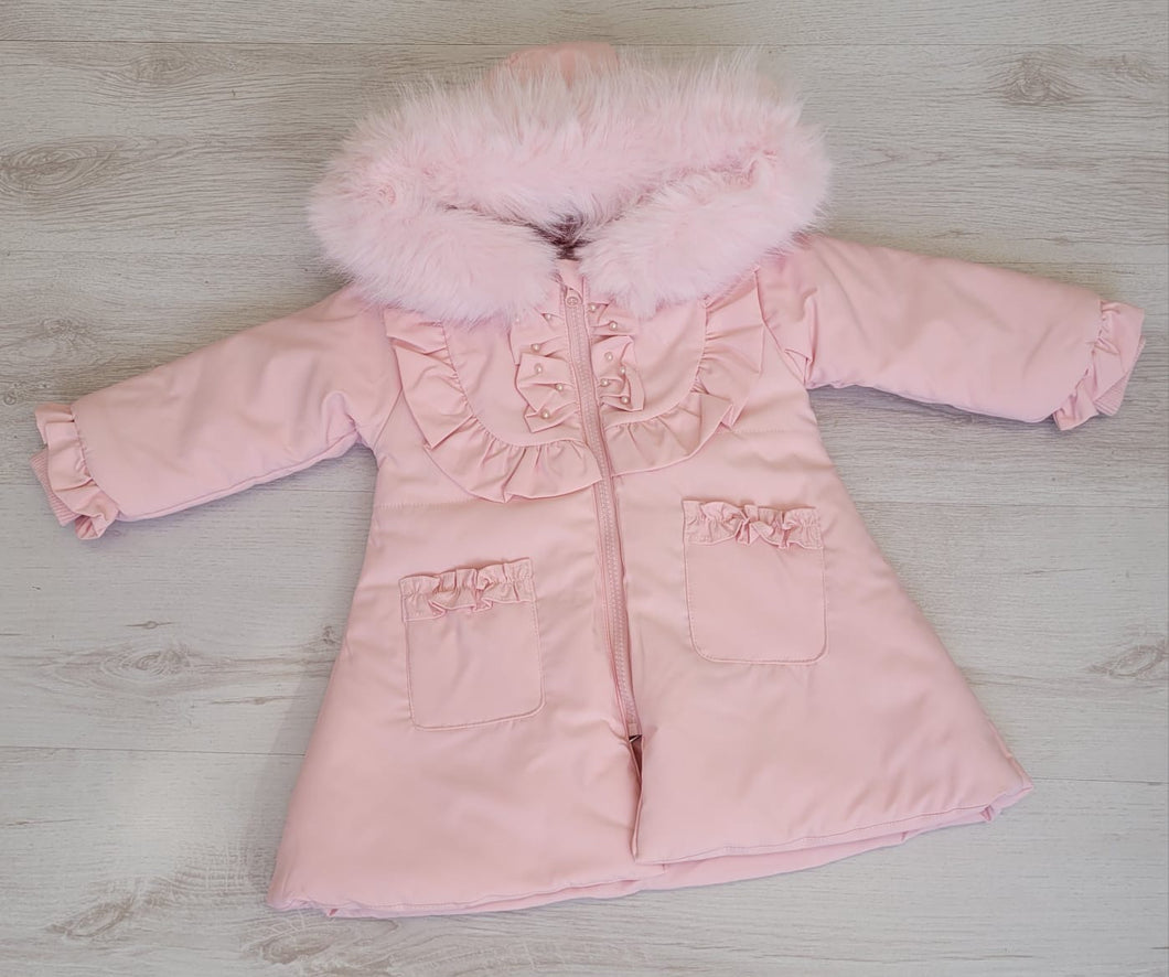 Pink puffer coat with faux fur trim hood