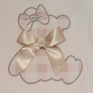 Beige ribbon teddy bear top & check skirt set