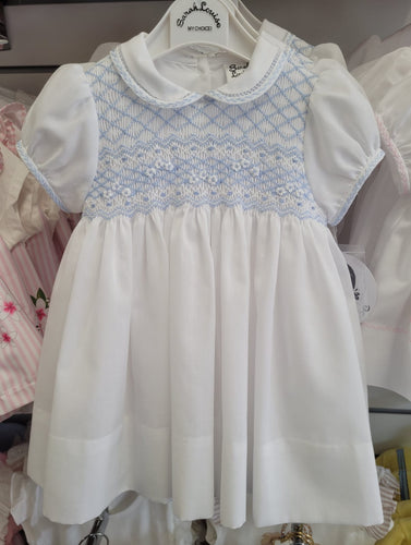 Sarah Louise white/blue smock dress