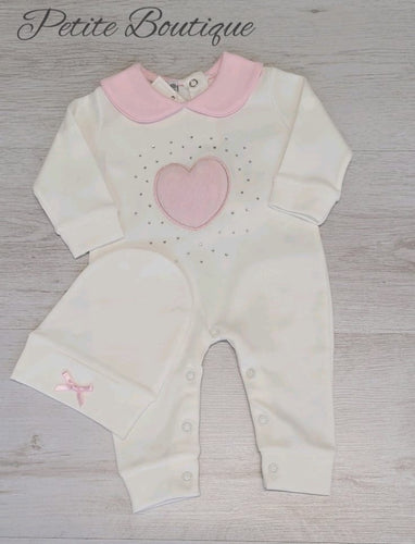 Ivory/pink faux fur heart diamanté all in one & hat set