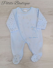 Load image into Gallery viewer, Blue ‘catch a star’ velour babygrow