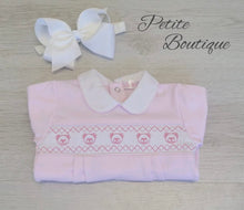 Load image into Gallery viewer, Pink teddy bear smocked cotton babygrow