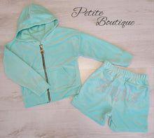 Load image into Gallery viewer, Mint green velour zip hoodie &amp; short set