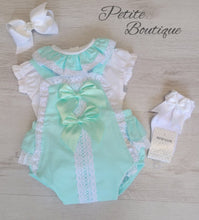 Load image into Gallery viewer, Mint green double bow romper