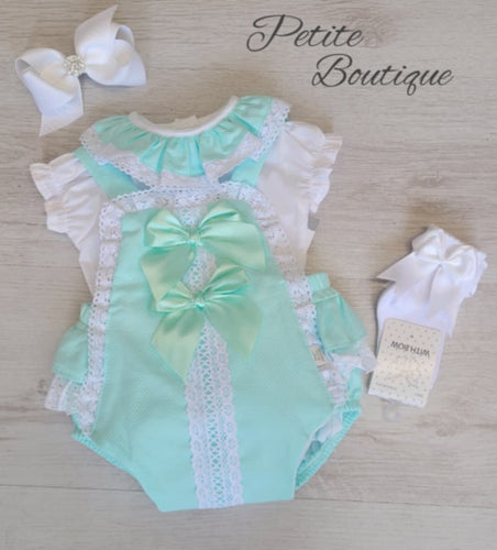 Mint green double bow romper