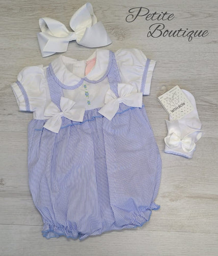 Blue/white stripe double bow romper