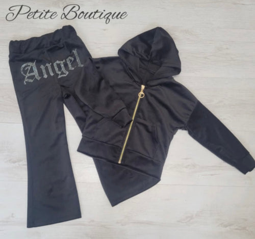 Black angel velour tracksuit top & flare bottom set