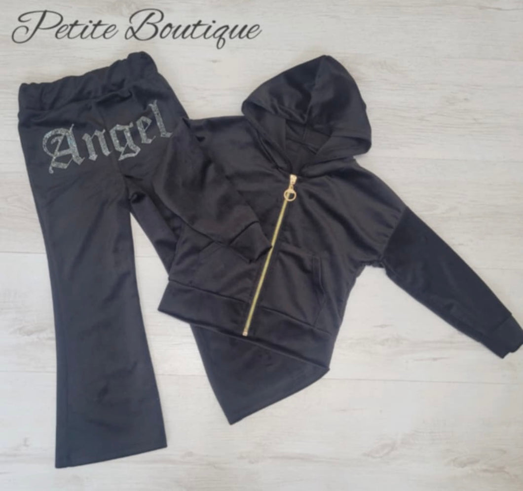 Black angel velour tracksuit top & flare bottom set