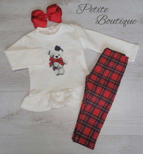 EMC teddy top & red/navy check legging set