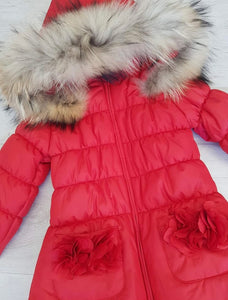 Italian Bufi red coat with fur trim hood