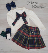 Load image into Gallery viewer, Navy tartan bow top &amp; skirt set