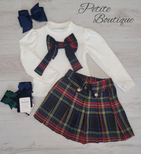 Navy tartan bow top & skirt set