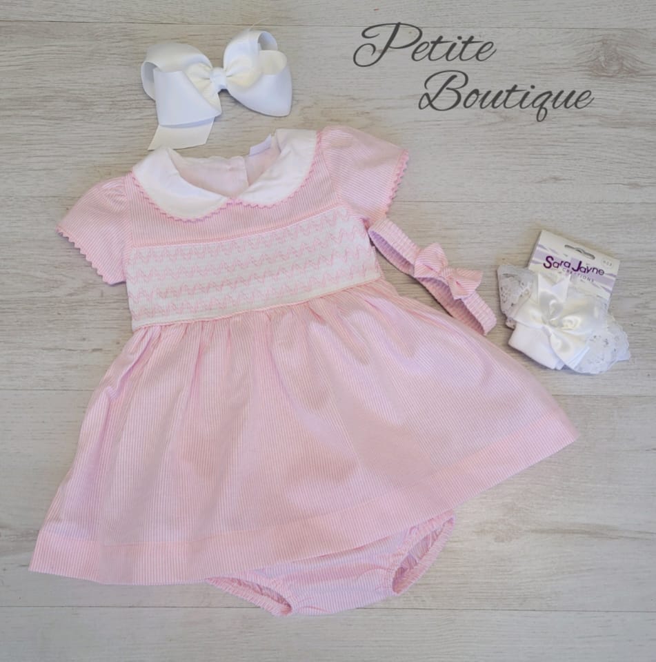 Pink/white smock dress, pants & headband