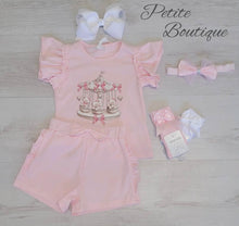 Load image into Gallery viewer, Pink teddy carousel top, short &amp; headband set
