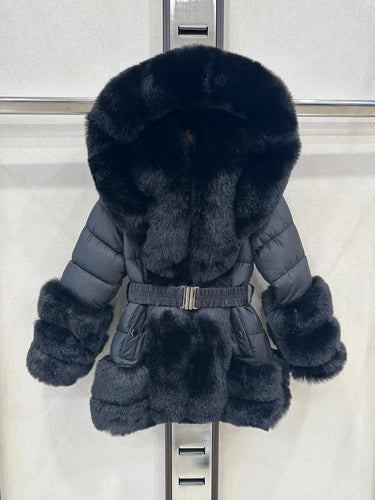 Black faux fur trim coat
