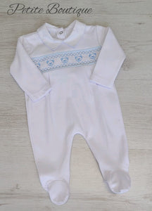 White/blue smock bear cotton babygrow