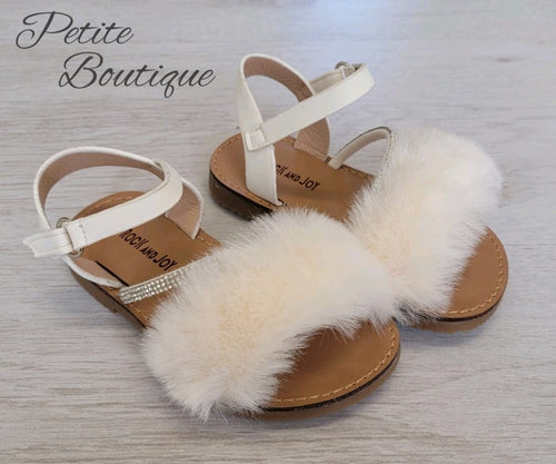 White faux fur strap sandals