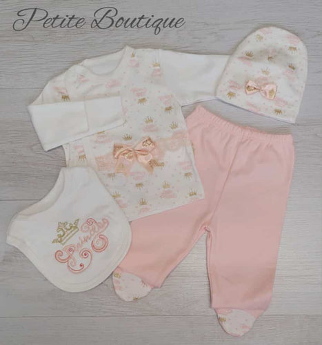 Peach princess 4pc set top with gold over mitts, bottoms, hat & bib