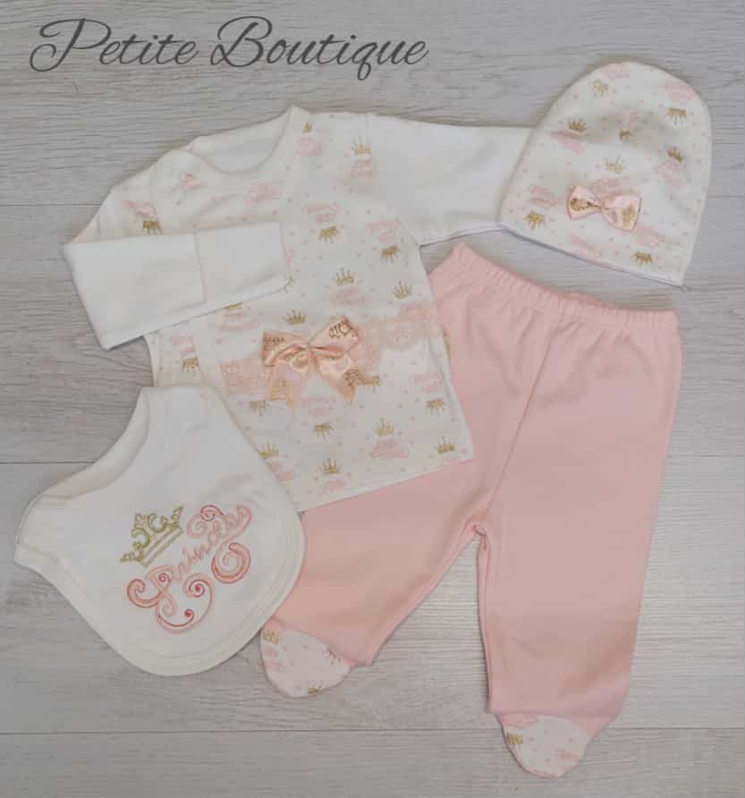 Peach princess 4pc set top with gold over mitts, bottoms, hat & bib