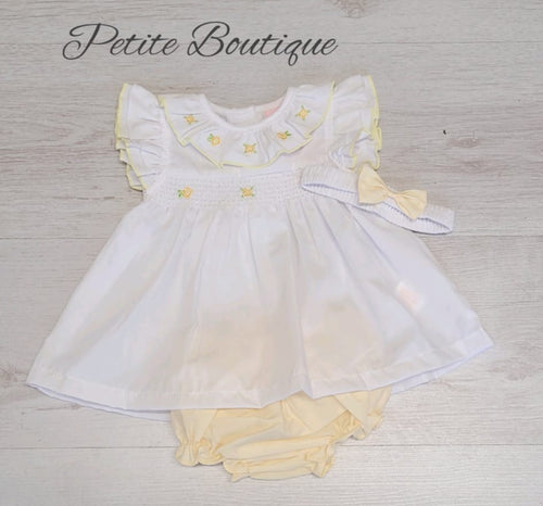 White/lemon smock dress, pants & headband set