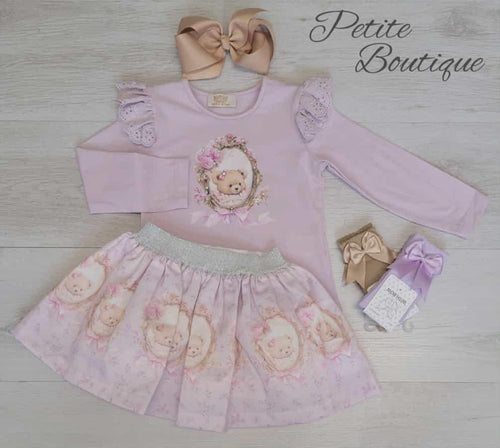 Lilac teddy bear top & skirt set
