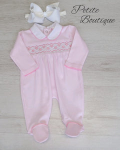 Pink/white heart smock cotton babygrow