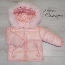 Load image into Gallery viewer, Baby pink padded winter coat with faux fur trim hood