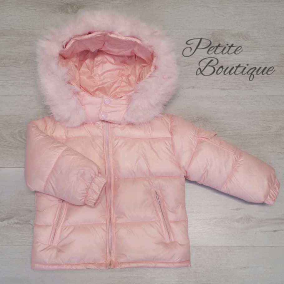 Baby pink padded winter coat with faux fur trim hood