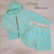 Load image into Gallery viewer, Mint green velour zip hoodie &amp; short set