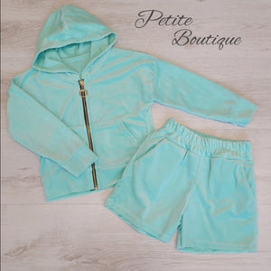 Mint green velour zip hoodie & short set