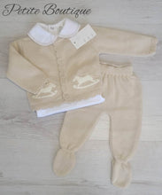 Load image into Gallery viewer, Spanish beige rocking horse 3pc set vest, knit cardigan &amp; bottoms