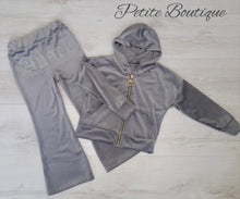 Load image into Gallery viewer, Grey angel velour tracksuit top &amp; flare bottom set