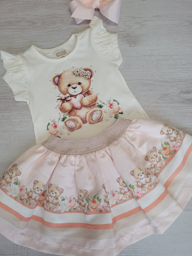 White/pink bear top & skirt set