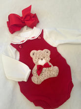 Load image into Gallery viewer, Girls shirt &amp; teddy bear red knit romper🧸