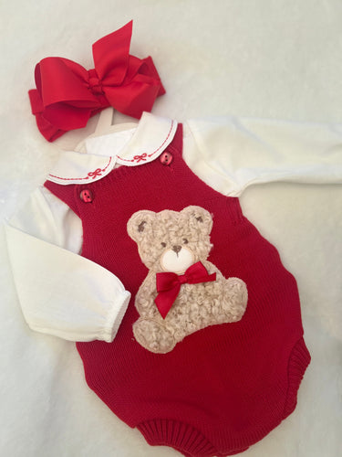 Girls shirt & teddy bear red knit romper🧸