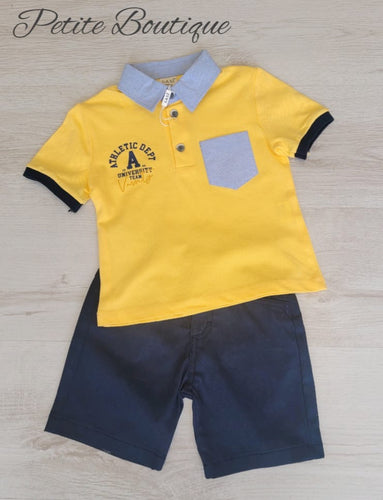 Boys lemon/blue polo shirt & navy chino shorts